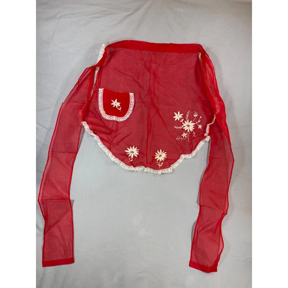 Vintage Red Sheer Organza Half Apron White Floral Embroidery Lace Trim Pocket
